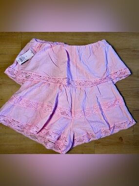 NWT Wild Fable M Pink Off Shoulder Lace Trim Romper Convertible Straps